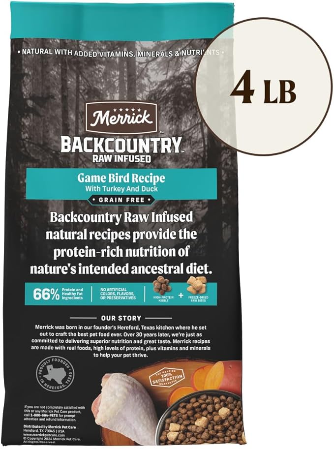 Merrick Backcountry Grain Free Dry Adult Dog Food, Kibble With Freeze Dried Raw Pieces, Game Bird Recipe - 4.0 lb. Bag