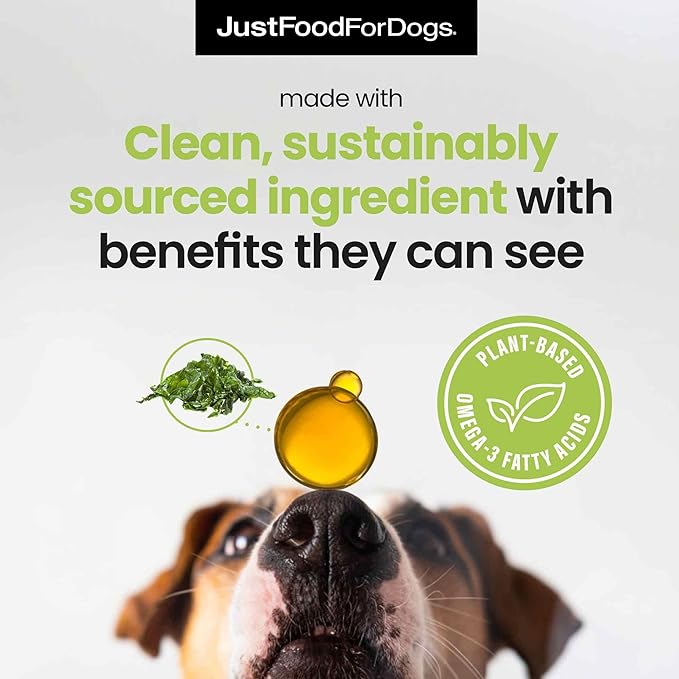 JustFoodForDogs Omega 3 for Dogs, Omega Oil for Dogs, Dog Joint Supplement, Skin and Coat Supplement, Dog Fish Oil Alternative, Human Grade, Vegan, Sustainable & Eco-Friendly - 8 oz
