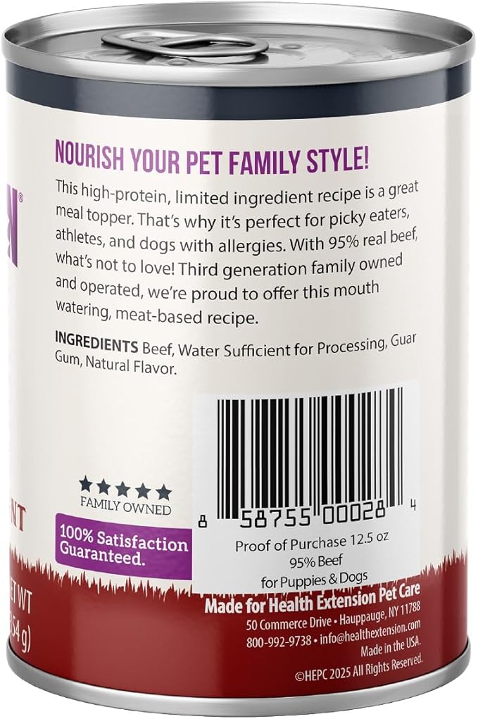 Health Extension 95% Beef Grain-Free Wet Dog Food, High Protein Recipe, Limited Ingredients, Picky Eaters, Ideal for Sensitive Stomachs 12.5 oz (Case of 12)