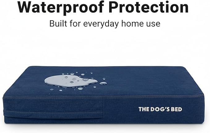 The Dog’s Bed Orthopedic Memory Foam Dog Bed for XXL Dogs, Waterproof Washable Cover, Anti-Slip Base, Calming Surface – CertiPUR-Certified Foam, Real Blue Denim, 6 Inch Thick