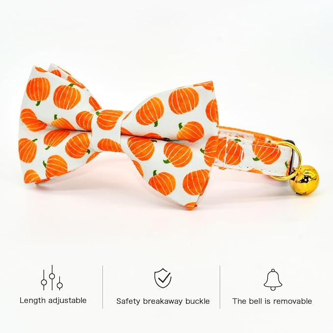 Cat Collar Bow Set, Halloween Orange Pumpkin, Wedding/Birthday Breakaway Collar Bowtie for Kitten/Cat