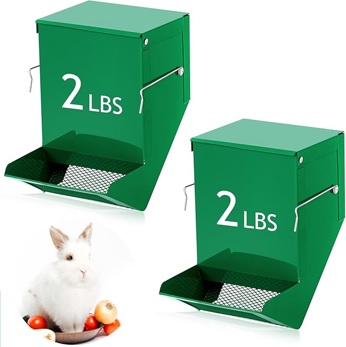 Maxcheck 2 Pcs Rabbit Feeder for Cages Small Animal Food Pellet Dispenser with Lid Metal Chicken Grit Oyster Shell Squirrel Feeders Outside(4.7 Inches,Mesh Bottom,Green)