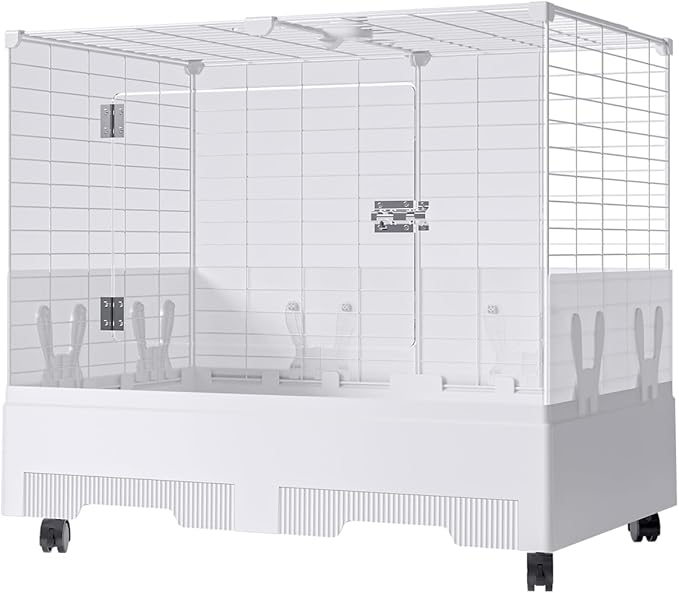 Oneluck Deluxe Rolling Bunny Hutch with Urine Guard,Small Rabbit Cage with Pull Out Tray,Clear Panel for Recording,Easy to Clean