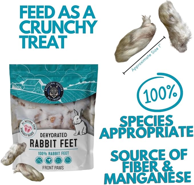 Dehydrated Rabbit Feet for Dogs & Cats - Furry Rabbit Feet Dog Treats - Whole Rabbit Front Paws for Cats & Dogs - Pack of 12