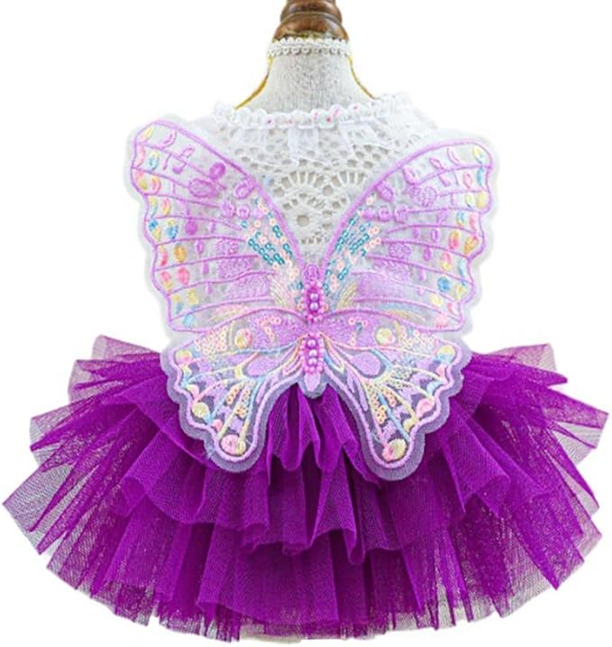ANIAC Butterfly Dog Dress with Purple Tutu Funny Dog Clothes with Wing Girl Puppy Dress for Small Dogs Pet Butterfly Costume Holiday Cat Outfit for Halloween Birthday Wedding (Purple, Small)