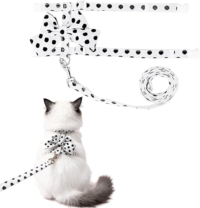 Cat Harness and Leash Set, Sweet Bow Accent Kitten Collar, Escape Proof Small Dog Harness, Cute Polka Dot Print Puppy Collar, Boy Girl Dog Leash for Cats Small Dogs Outdoor Walking (White, M)