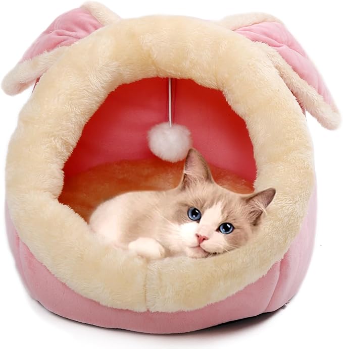 Cat Beds for Indoor Cats - Rabbit-Shaped Cat Cave Bed with Hanging Toy,Super Soft Calming Pet Bed for Kitten&Puppy,Small Dog,Warm Plush&Machine Washable&Removable Cotton Pad,Cat Hideaway