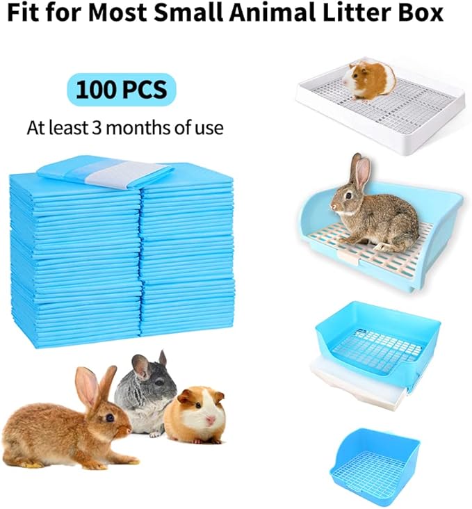 Amakunft Rabbit Pee Pads, Pet Toilet/ Potty Training Pads, Super Absorbent Guinea Pig Disposable Diaper for Hedgehog, Hamster, Chinchilla, Cat, Reptile and Other Small Animal (100pcs-18 x13, Blue)