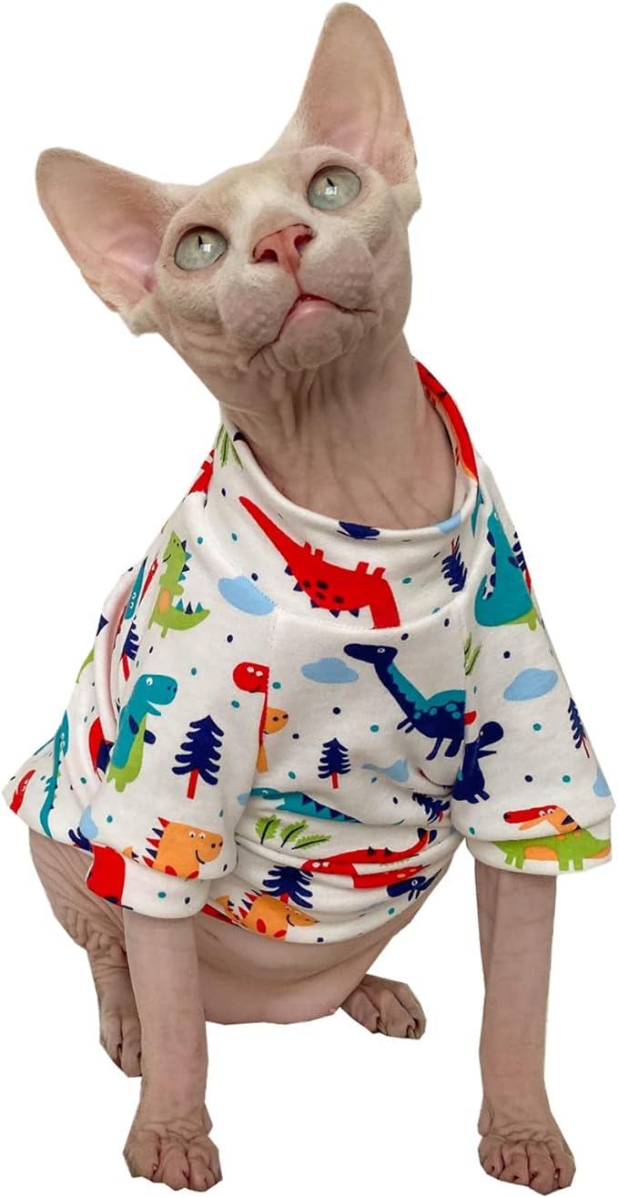 Sphynx Hairless Cat Summer Cotton T-Shirts Cat Vest Pet Clothes,Round Collar Vest Kitten Shirts Sleeveless, Cats & Small Dogs Apparel (Large, Dinosaur)