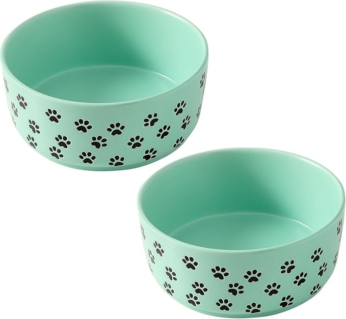 UBEE 6.5 inch Dog Bowls Set of 2, Ceramic Dog Food Water Bowl Dish with Paw Pattern, Pet Food Water Dishes Feeding for Small and Meidum Dogs and Large Cat, Green