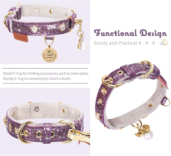 PetsHome Cat Collar, Dog Collar, [Bling Rhinestones] PU Leather Adjustable Pet Collar with Luxury Pendant for Big Cat and Small to Medium Dog Small Purple