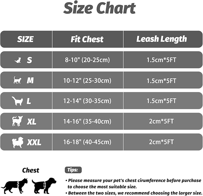 FAYOGOO Gray Escape Proof Cat Harness & Leash Set, XL (Chest 16-17.5'') for Small Cats/Dogs, Outdoor Activities