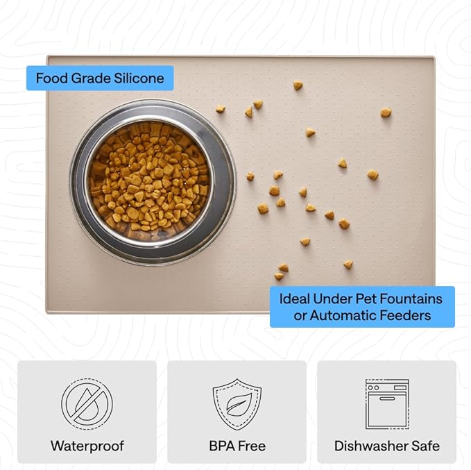 GORILLA GRIP 100% Waterproof Raised Edge BPA Free Silicone Pet Feeding Mat, Dog Cat Food Mats Contain Spills Protects Floors, Placemats for Cats and Dogs Water Bowl, Pets Accessories 18.5x11.5 Cream
