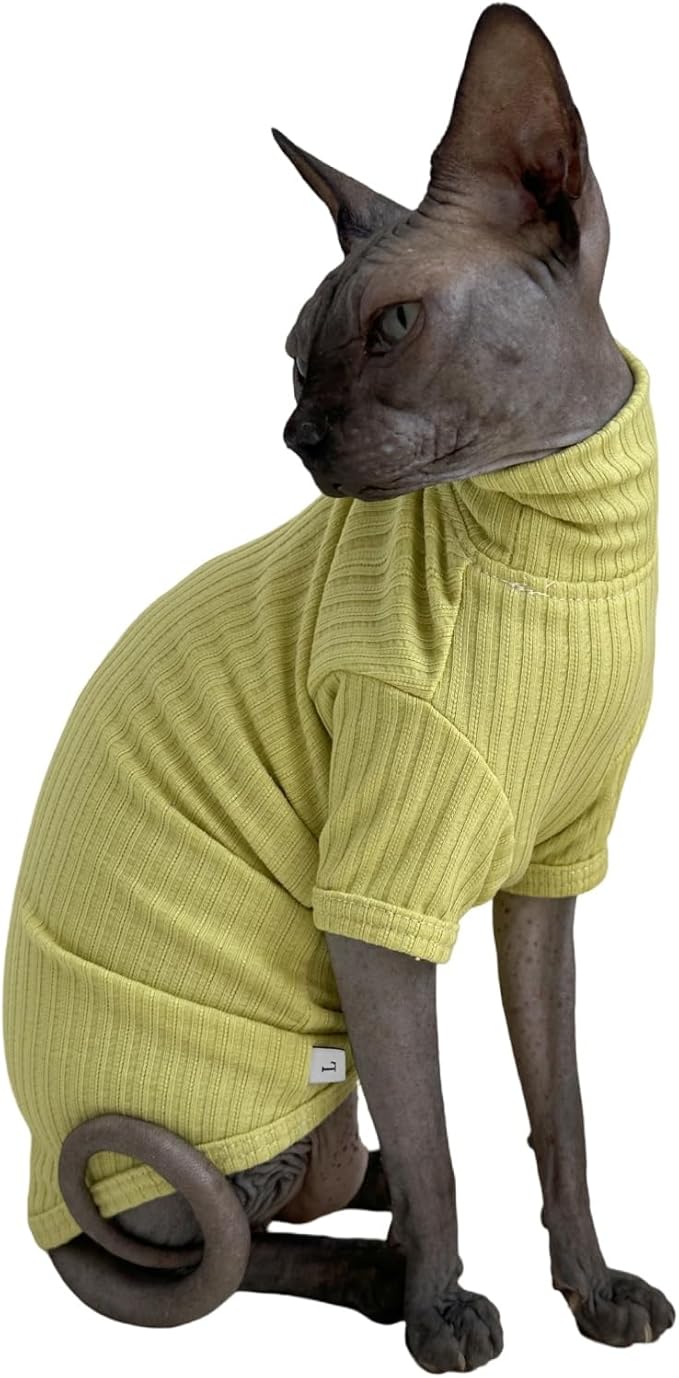 Sphynx Cats Shirt Cat Turtleneck Cotton Sweater Pullover Kitten T-Shirts with Sleeves Cat Pajamas Jumpsuit for Sphynx Cornish Rex, Devon Rex, Peterbald (XX-Large (Pack of 1), Green Yellow)
