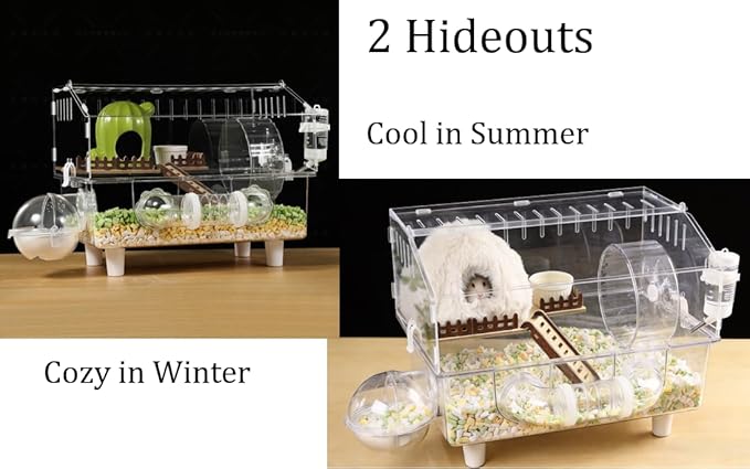 8-in-1 Acrylic Hamster Cage, Clear Transparent Habitat with All Accessories, Multi-Level Small Animal Enclosure with 2 Hideout for Summer and Winter