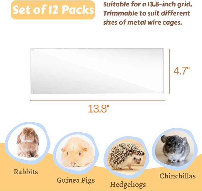 12 Pcs Cage Guard 13.8"x4.7" with Zip Ties Scatter Guard Clear Cage Liner Flexible Side Lining for Rabbit Guinea Pig C&C Metal Wire Playpen