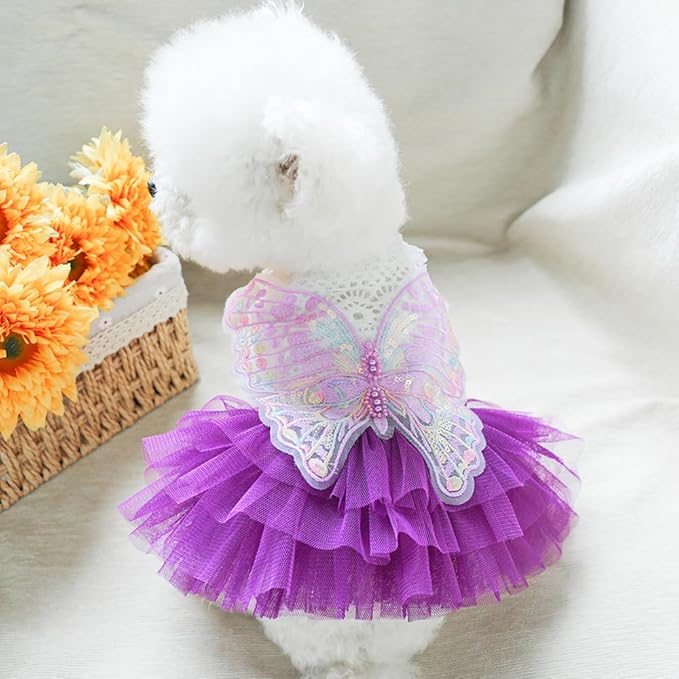 ANIAC Butterfly Dog Dress with Purple Tutu Funny Dog Clothes with Wing Girl Puppy Dress for Small Dogs Pet Butterfly Costume Holiday Cat Outfit for Halloween Birthday Wedding (Purple, X-Small)