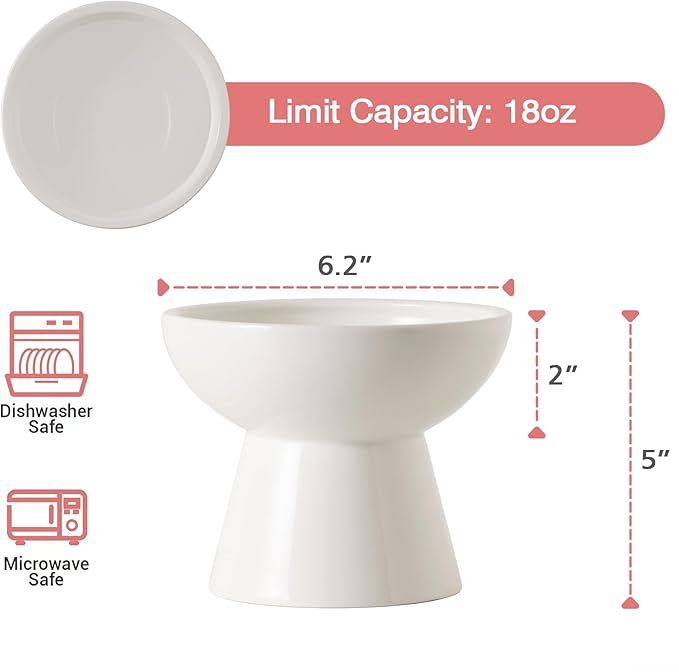 CEEFU Extra Wide Elevated Ceramic Cat Water Bowl - 6.2" Deeper Dish for Whisker Fatigue Relief, 5" Height for Easy Feeding, Lead & Cadmium Free, Durable Raised Cat Bowls, White