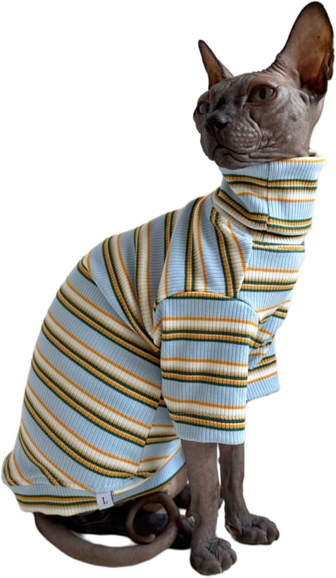 Turtle Neck Vintage Stripes Sphynx Hairless Cat Cotton T-Shirts Pet Clothes Vest Kitten Shirts Sleeveless, Cats & Small Dogs Apparel (Light Blue, M (5-6.5 lbs))
