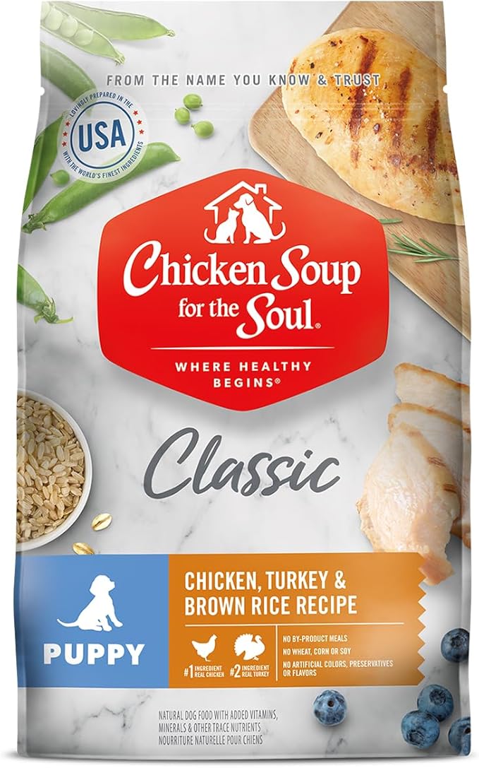 Chicken Soup for the Soul All Natural Premium Dry Puppy Food, Real Meat First Ingredient, No By-Products, Supports Brain Development & Strong Bones & Teeth, Chicken, Turkey & Brown Rice, 4.5lb