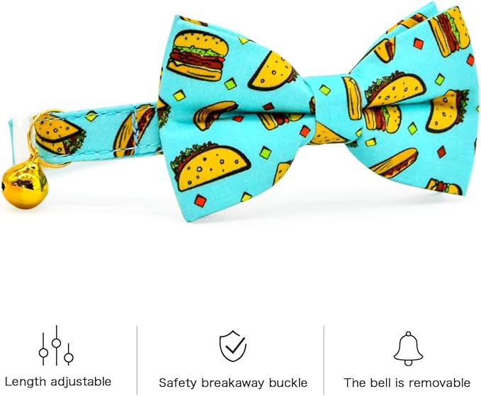 Taco Cat Collar Bow Tie, Breakaway Safety Collar, Wedding/Birthday Cat Accessories, Adjustable Bowtie, Removable Jingle Bell