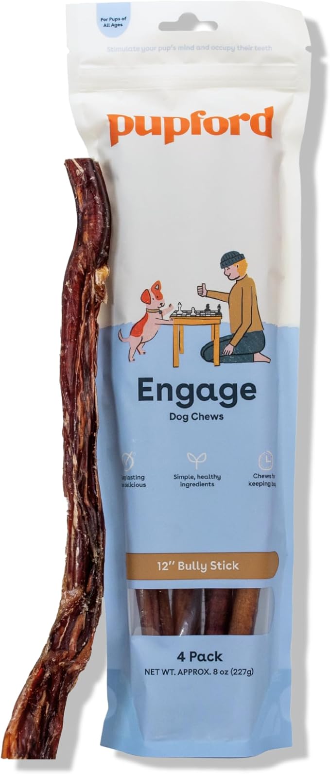 Pupford Thick Bully Sticks for Dogs & Puppies, Smoked for Improved Smell, Natural, Long-Lasting, Single Ingredient Chews for Medium & Large Breeds (12", 4 Count)