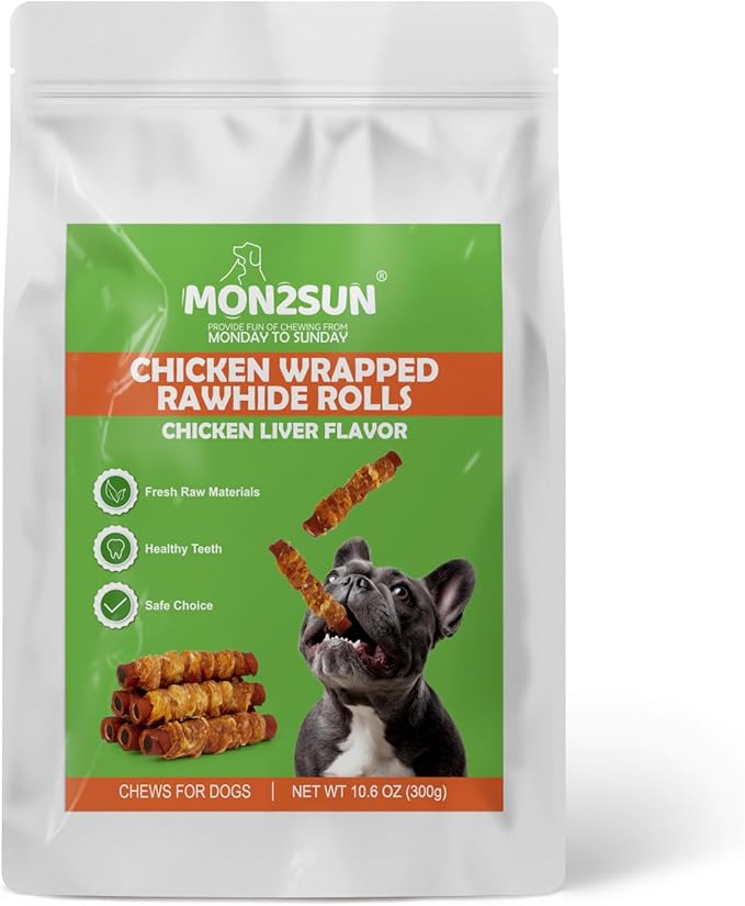 MON2SUN Dog Treats 5 Inch Chicken Wrapped Smoked Stuffed Rawhide Rolls with Chicken Liver, Rawhide Chews for Small and Medium Dogs, 10.6 oz (6 Count)