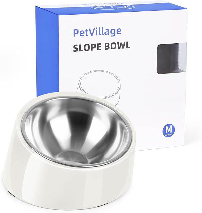 Tilted Dog Bowl Non-Slip & Non-Spill Pet Feeder with Elevated Detachable Melamine Stand, Easy to Get Food Dog Dish, M/180ml White