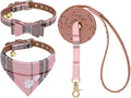 EXPAWLORER Puppy Collar and Leash Set - Embroidery Pawprints Plaid Dog Collar and Dog Leash Set, Bow Tie and Bandana Dog Collar with Bell, Collar and Leash for Dogs Cats Outdoor Walking, Pink S