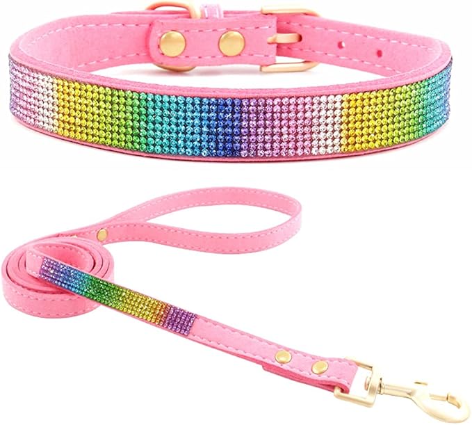 Cute Dazzling Sparkling Elegant Fancy Soft Suede Leather Bling Rhinestone Crystal Jeweled Pet Cat Dog Puppy Collar Dog Leash Combo Set (XXS, Pink-3), XX-Small