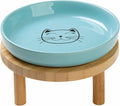 Lusifaco Shallow Elevated Cat Bowls,5.9 Inch Wide Raised Ceramic Cat Dishes with Bamboo Stand, Whisker Friendly Pet Water or Food Plates Feeding Station for Indoor Cats, Kitten(Blue,Set of 1)