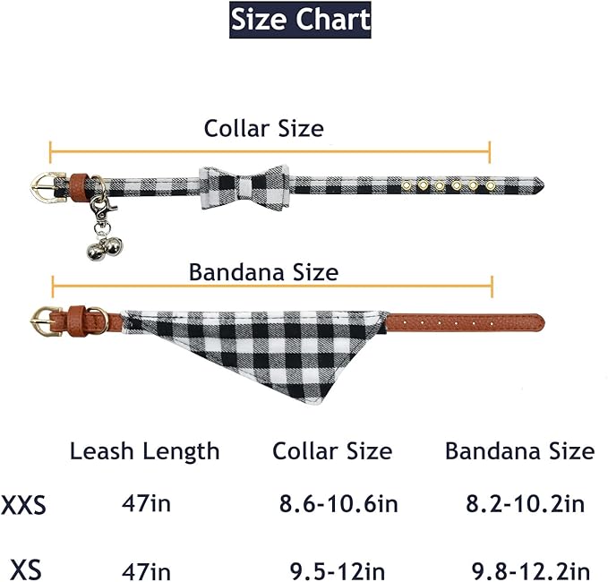 3PCS Bow Tie Dog Collar and Leash Set Plaid/Camo/Dots/Flower Dog Bandanas with Bell 3 Size Adjustable for Small Dogs Puppies and Cats (XS, Black&White Plaid)