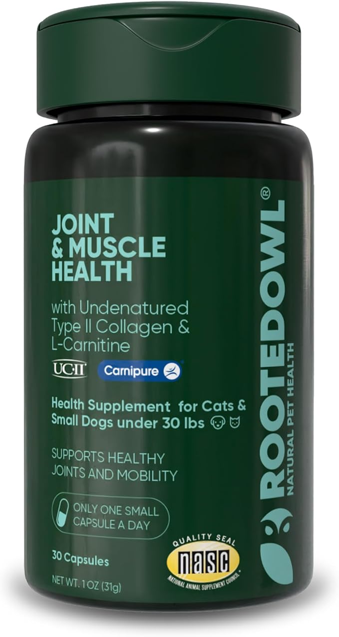 Rooted Owl Joint and Muscle Support for Cats and Small Dogs (Under 30 Lbs) - Supplement with UC-II Type II Collagen and L-Carnitine - 30 Count
