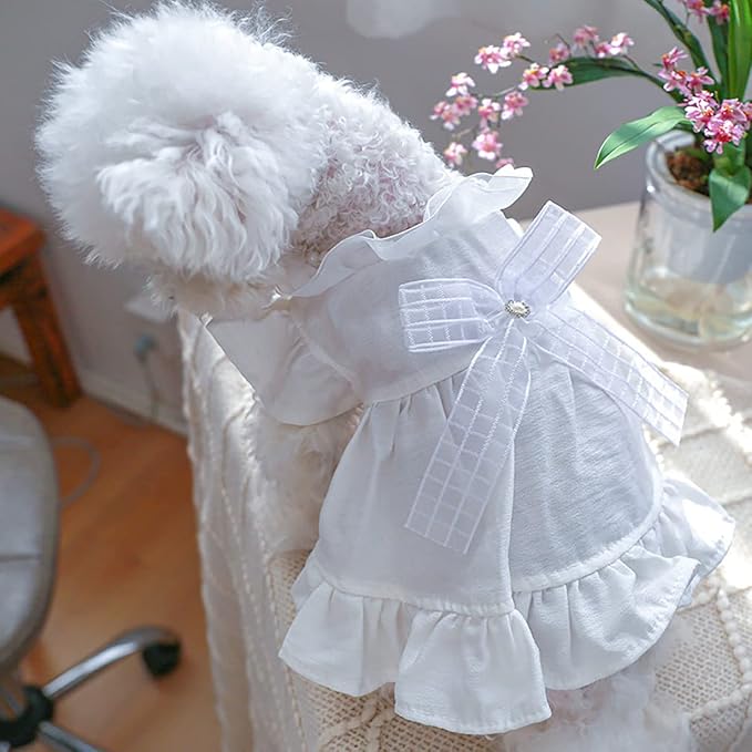 Dog Bowknot Princess Dress Small Dogs Summer New White Dress Clothes Soft Breathable Dog Cotton Outfits Lightweight Cute Puppy Dresses for Yorkie Female Small Pets