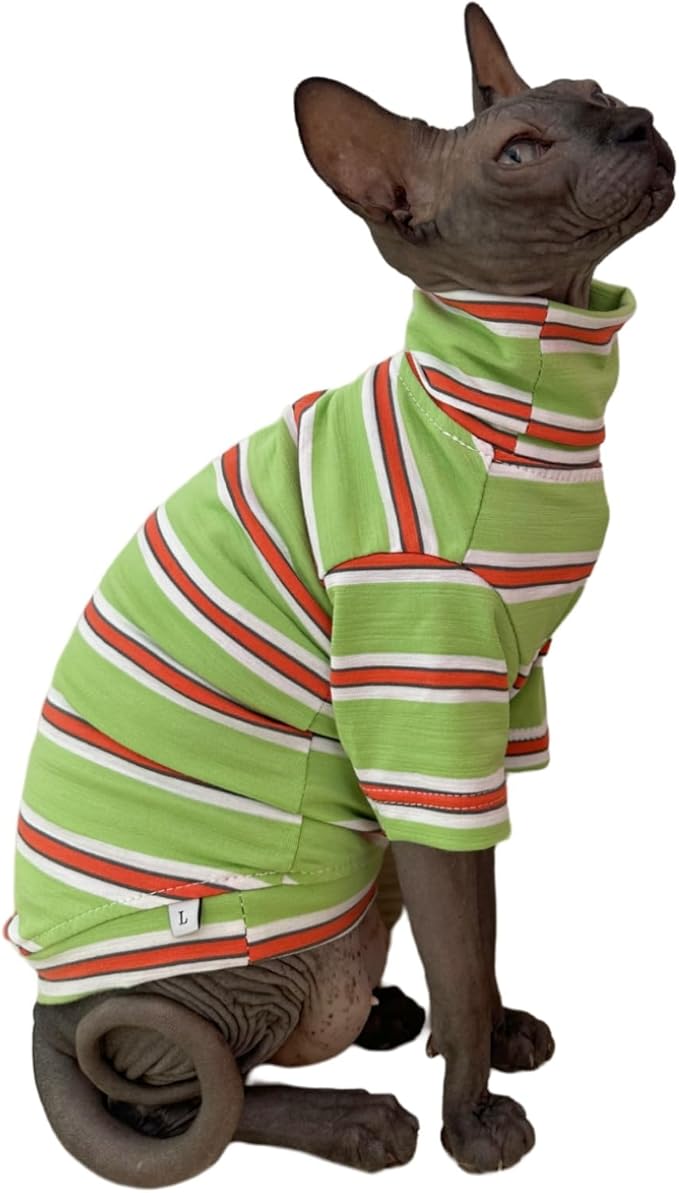 Vintage Stripes Sphynx Hairless Cats Shirt Cotton Cat Turtleneck Pet Clothes Kitten T-Shirts with Sleeves for Sphynx Cornish Rex, Devon Rex, Peterbald (Orange & Green, Medium (Pack of 1))