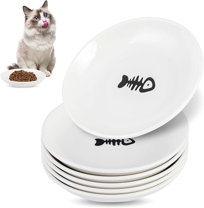 6 Pack Cat Food Bowl, Ceramic Cat Bowls, Anti Whisker Fatigue Cats Bowl Set,5.5 Inches Shallow Wide Kitten Plates for Food and Water (White-D)
