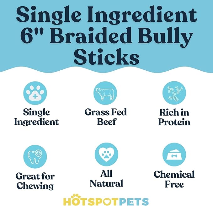Hotspot Pets Braided Bully Sticks for Dogs - 6 Inch Dog Bones (5 Pack) All Natural Long Lasting Twisted Beef Dog Chews - Promote Natural Dental Health, Low Fat, Fully Digestible Rawhide Alternative