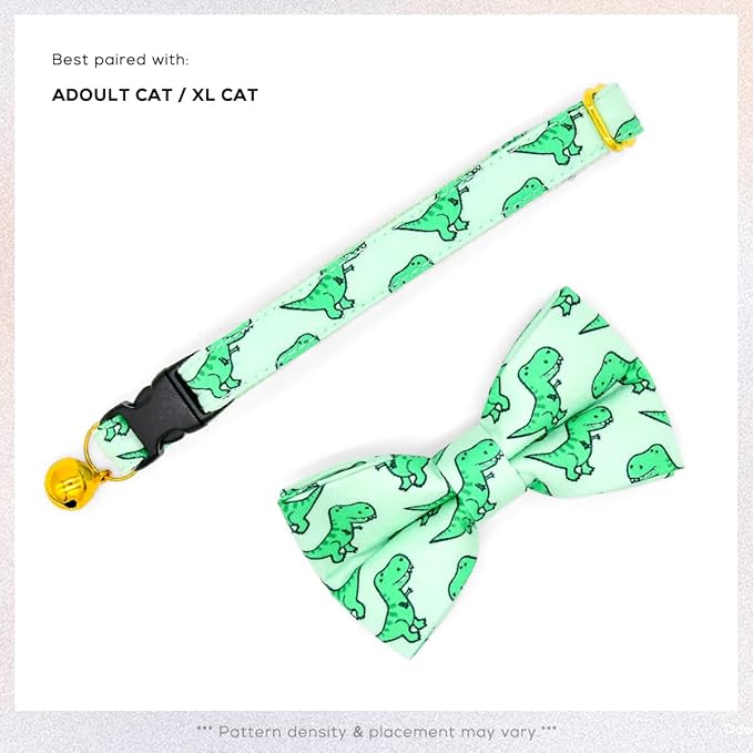 Cat Bow Collar, Green Dinosaur Pattern, Quick Release Safety Buckle, (8" - 13")
