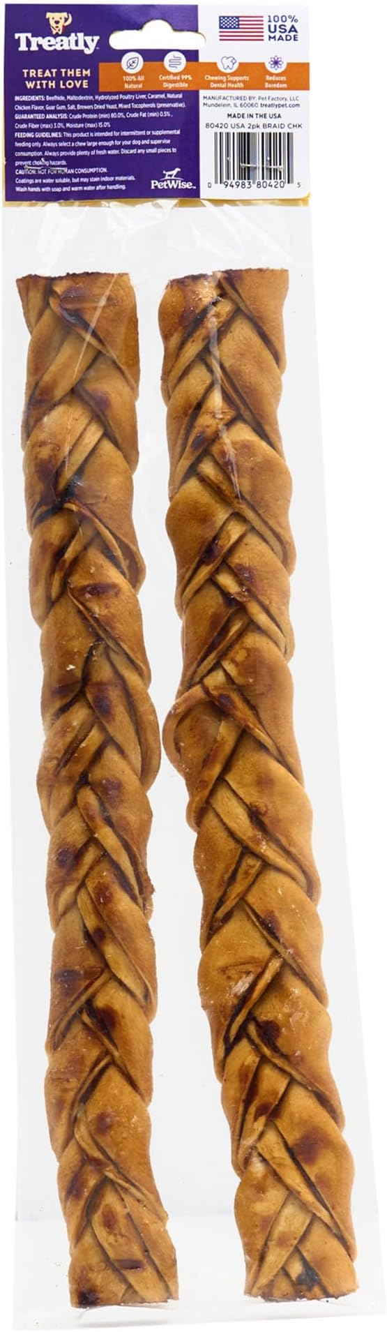USA Beefhide Braids 12-13" Dog Chew Treats - Chicken Flavor, 2 Count/1 Pack