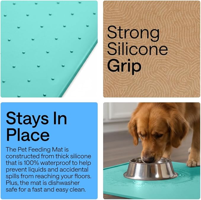 GORILLA GRIP 100% Waterproof Raised Edge BPA Free Silicone Pet Feeding Mat, Dog Cat Food Mats Contain Spills Protects Floors, Placemats for Cats and Dogs Water Bowl, Pets Accessories 23x15 Turquoise