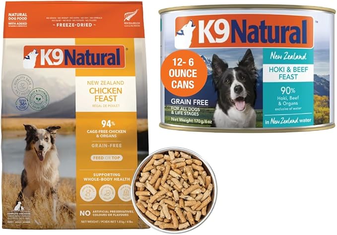 K9 Natural Dog Food – Grain-Free Freeze-Dried Chicken 4 lb & Wet Pate Hoki & Beef 6 oz (Pack of 12)