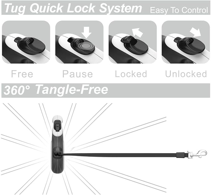 TUG 360° Tangle-Free Retractable Dog Leash with Anti-Slip Handle | 16 ft Strong Nylon Tape | One-Handed Brake, Pause, Lock (Small, White)