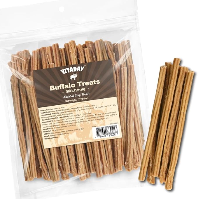 VITADAY Buffalo Dog Treats Stick (S) 8oz, Natural Low-Fat Chews for Training & Rewards, Limited Ingredient, Perfect for Small Dogs & Puppies
