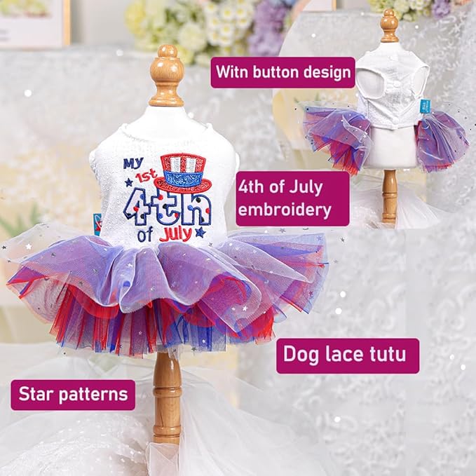 ANIAC 4th of July Girl Dog Dress with Stars Independence Puppy Clothes for Small Dog 1st Independent Day Cat Outfit Patriotic Pet Princess Tutu Skirt (Independence, X-Large)