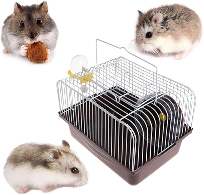 Small Pet Hamster Cage with Running Wheel Water Bottle Food Basin Portable Carrier House Mice Home Habitat for Going Out, Traveling (Coffee)