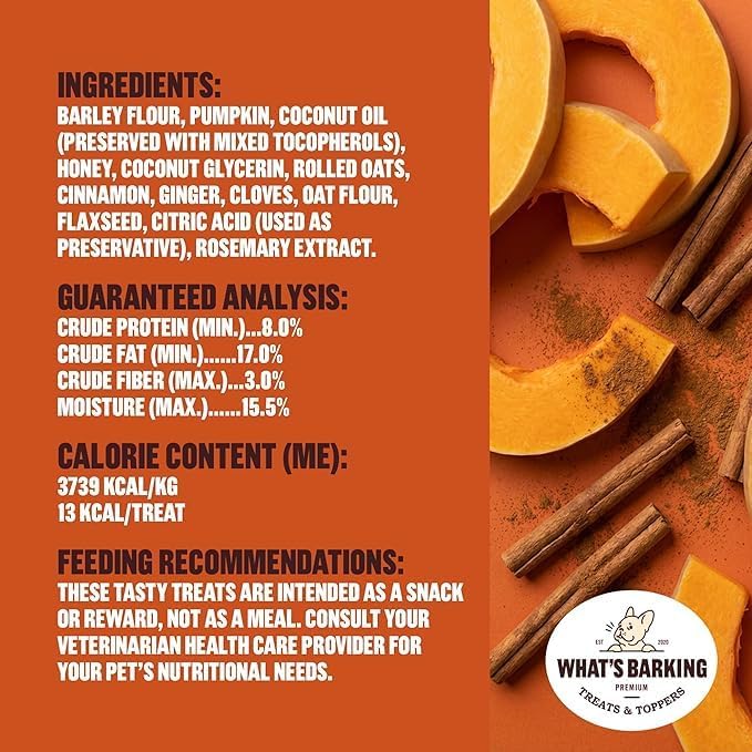 What's Barking Soft Bites, Soft Chewy Dog Treats for Training or Snacking, Pet Essentials, Bite Size Pieces for Dogs, Natural Ingredients, Made in USA, Resealable Bag (Pack of 3, Pumpkin Cinnamon)