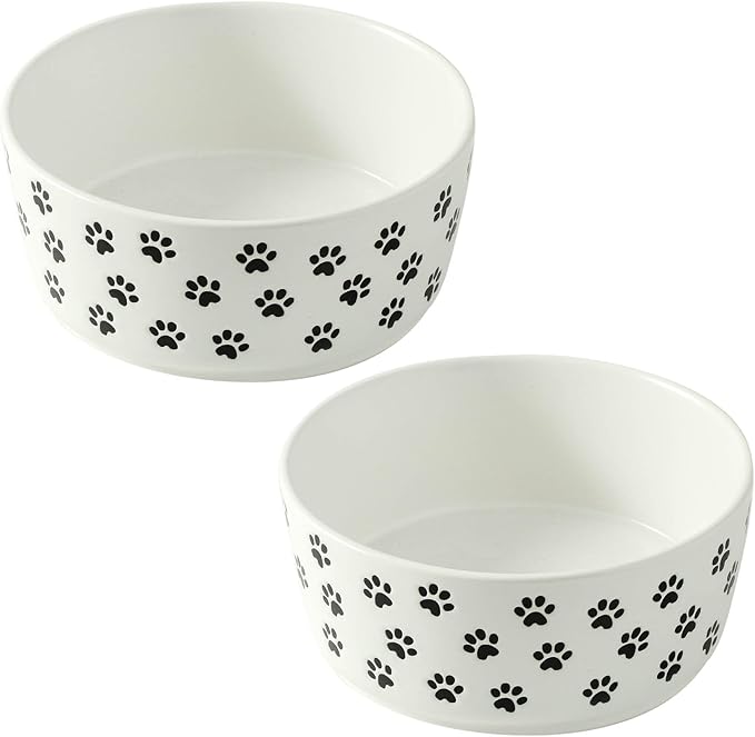 UBEE 6.5 inch Dog Bowls Set of 2, Ceramic Dog Food Water Bowl Dish with Paw Pattern, Pet Food Water Dishes Feeding for Small and Meidum Dogs and Large Cat, White