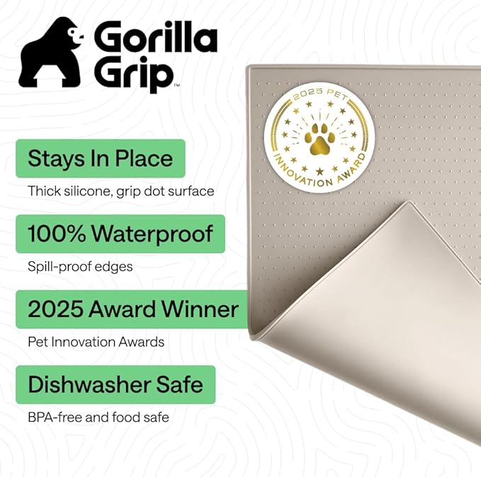 GORILLA GRIP 100% Waterproof Raised Edge BPA Free Silicone Pet Feeding Mat, Dog Cat Food Mats Contain Spills Protects Floors, Placemats for Cats and Dogs Water Bowl, Pets Accessories 16x10, Beige