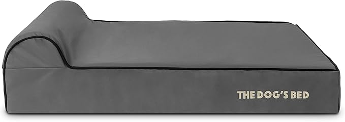The Dog’s Bed Orthopedic Memory Foam Dog Bed with Headrest, Calming Surface – CertiPUR-Certified Foam, Oxford Fabric, Grey with Black Trim, Large, 6-Inch