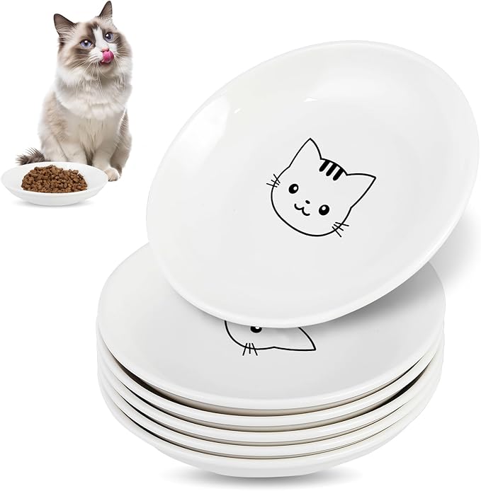 6 Pack Cat Food Bowl, Ceramic Cat Bowls, Anti Whisker Fatigue Cats Bowl Set,5.5 Inches Shallow Wide Kitten Plates for Food and Water (White-C)